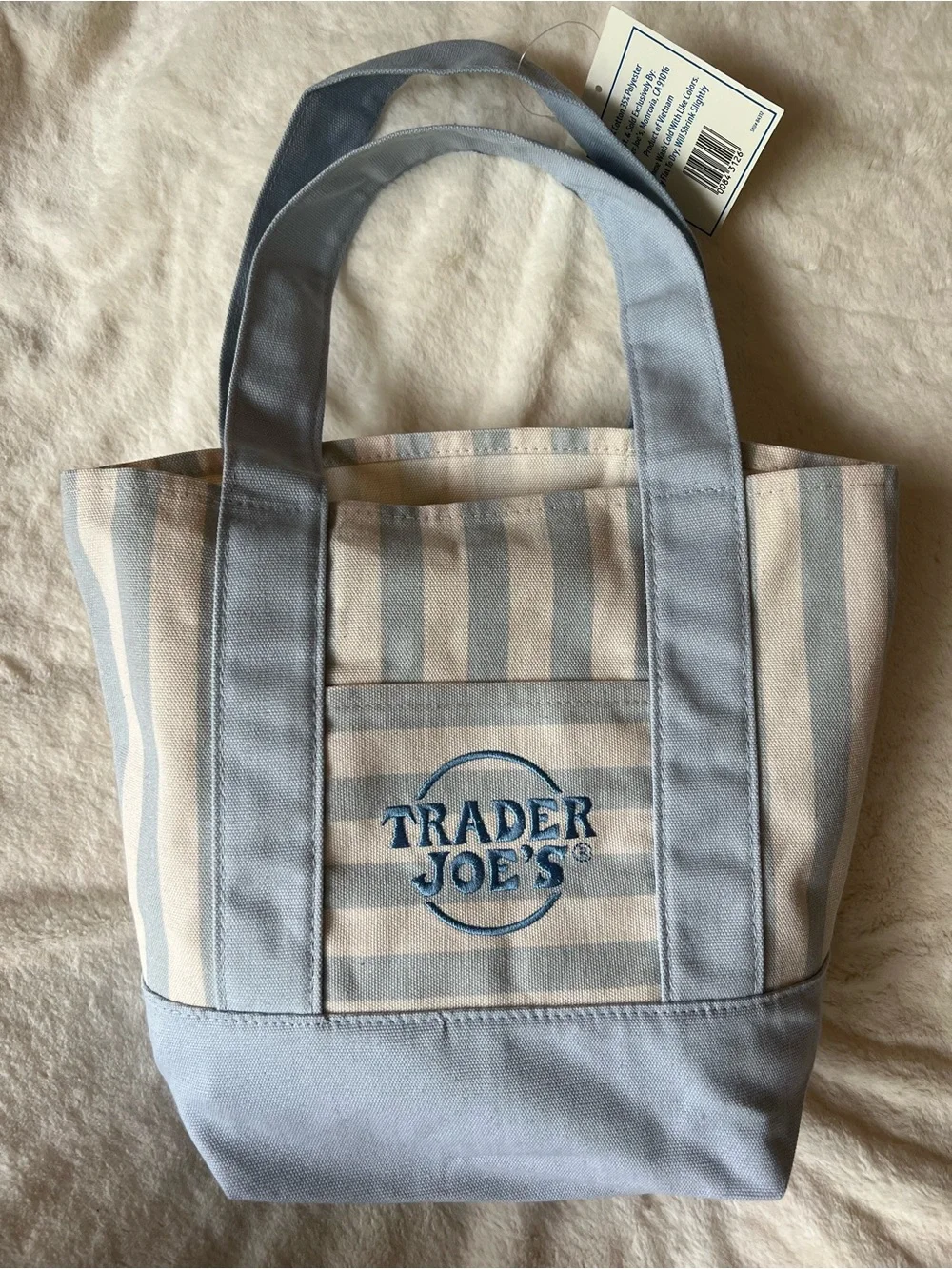 Trader Joe's Striped Canvas Tote Bag in Light Blue and Cream